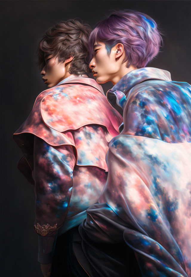 Cosmic-themed outfits and colorful hair in intimate pose on dark background