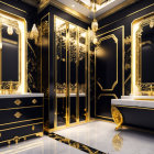 Opulent bathroom with marble floors, gold accents, ornate mirrors, sleek bathtub, and black vanity