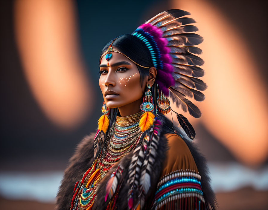 Vibrant Native American headdress and beadwork against desert backdrop