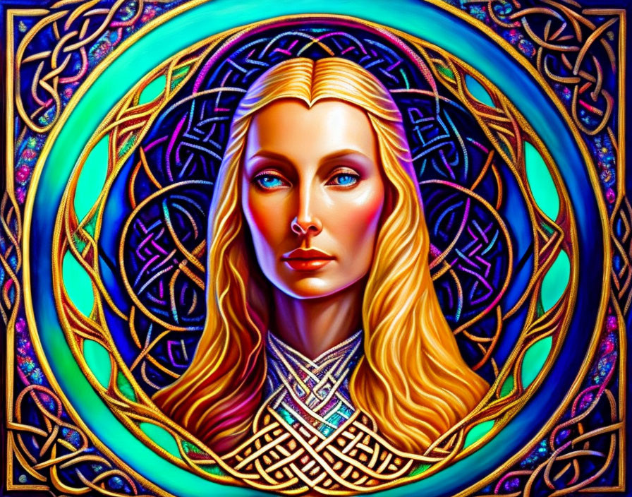 Colorful portrait of woman with golden hair and blue eyes in Celtic-inspired setting.