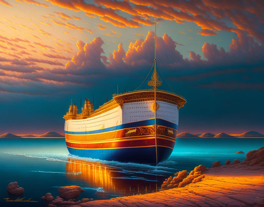 Ornate ship with golden accents on calm waters at sunset