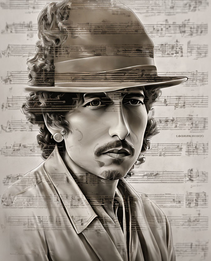 Monochrome illustration of man with curly hair and hat surrounded by musical scores