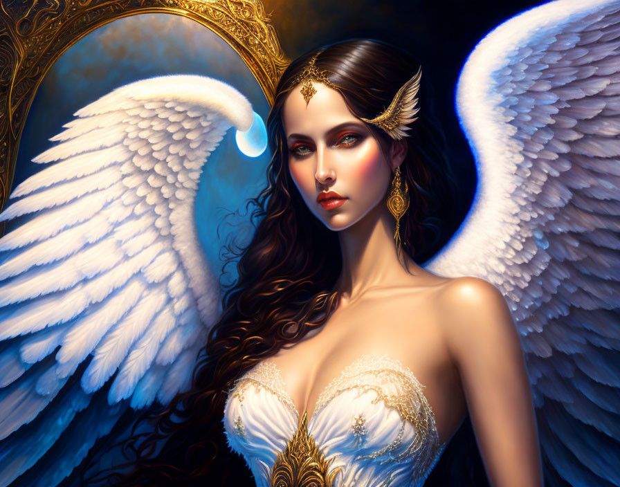 Angel with white wings and golden jewelry under crescent moon