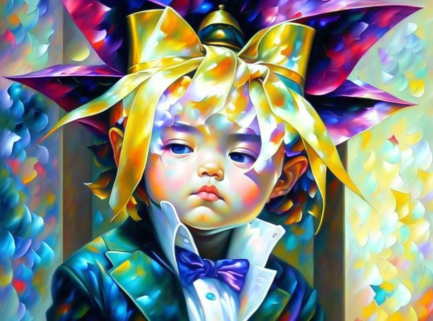 Colorful painting of child with yellow bow in vibrant suit on abstract background