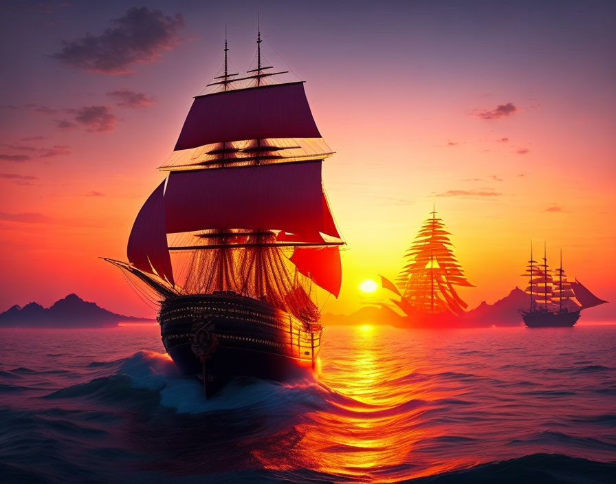 Red-sailed sailing ships on the sea at sunset with orange and purple skies