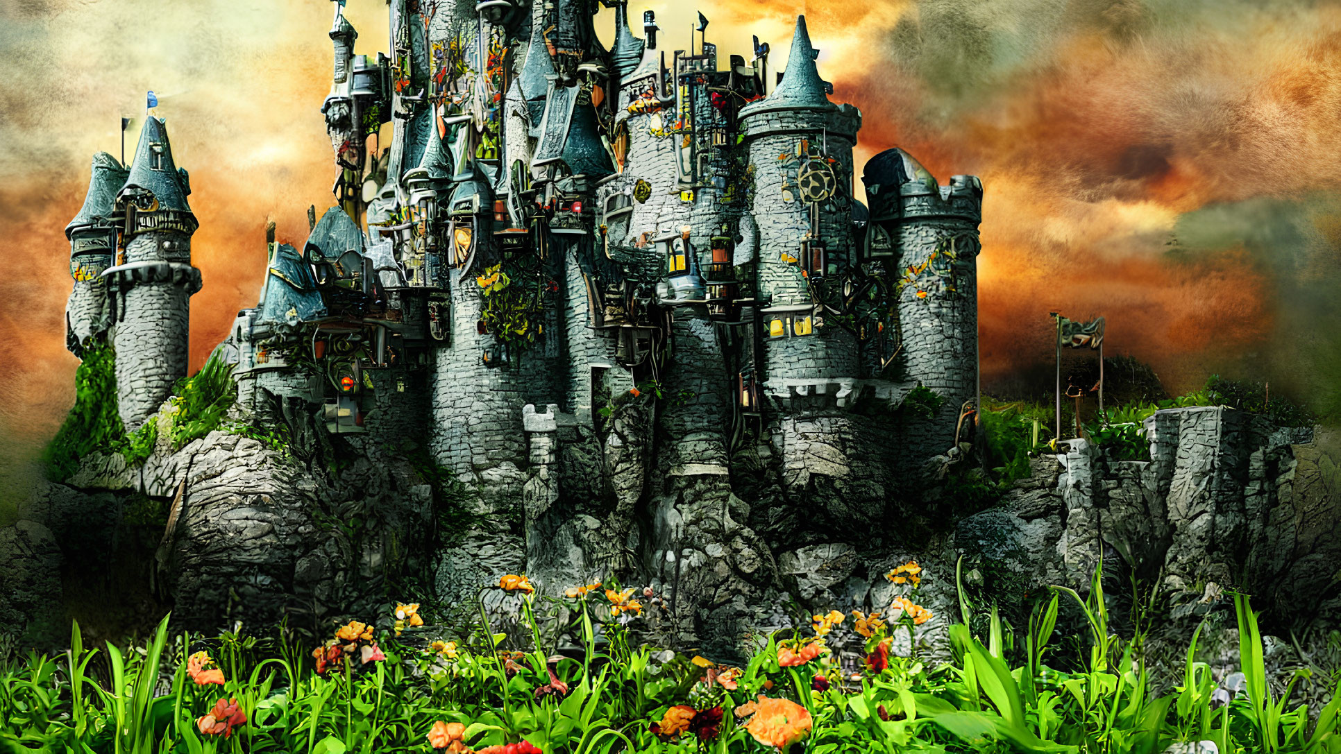 Castle with multiple towers on craggy cliff, surrounded by greenery and colorful flowers under dramatic sky