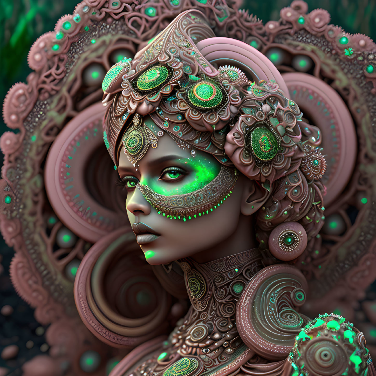 Detailed Digital Artwork: Woman with Bronze Headdress and Green Makeup