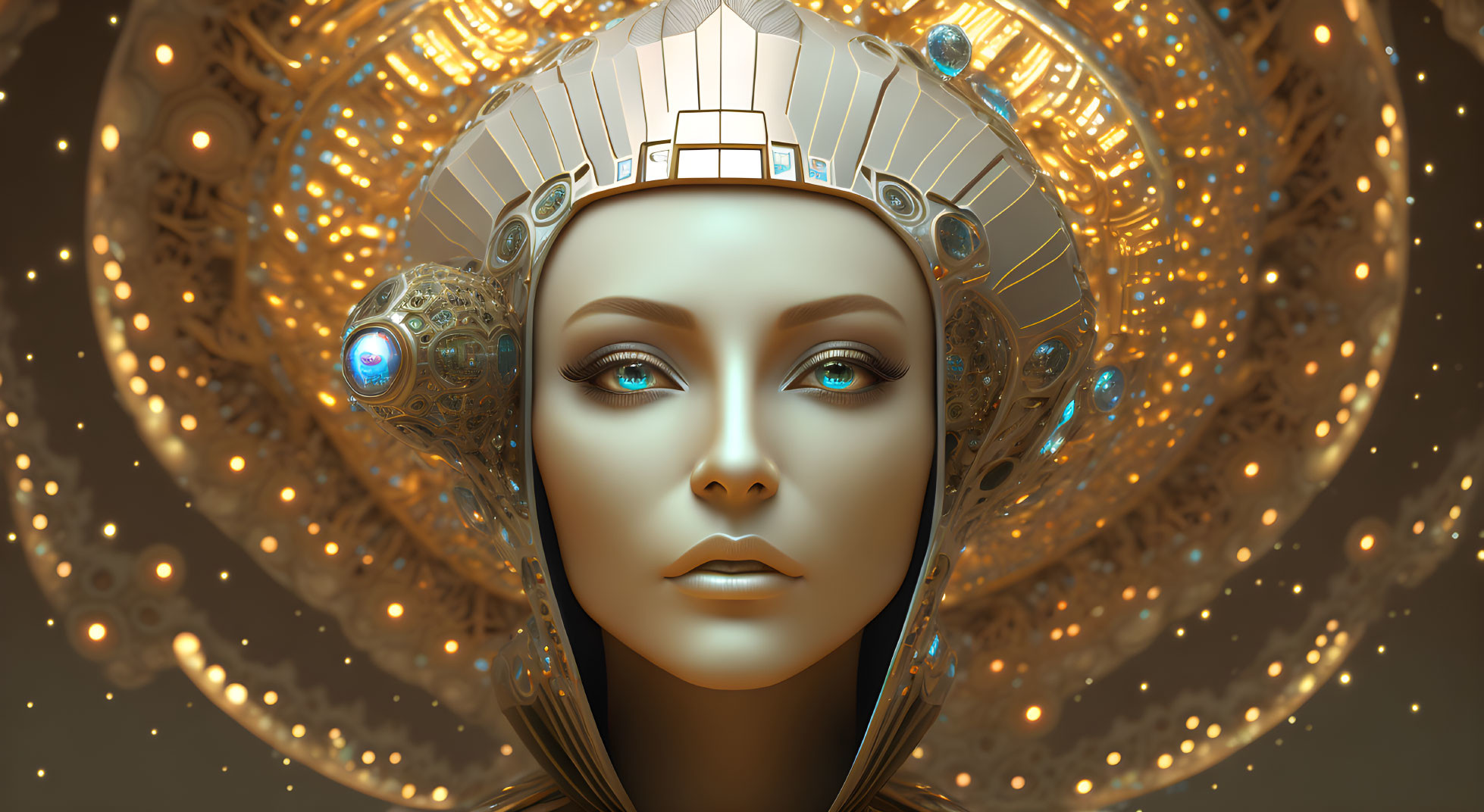 Digital Artwork: Female Figure with Futuristic Headdress & Glowing Orbs