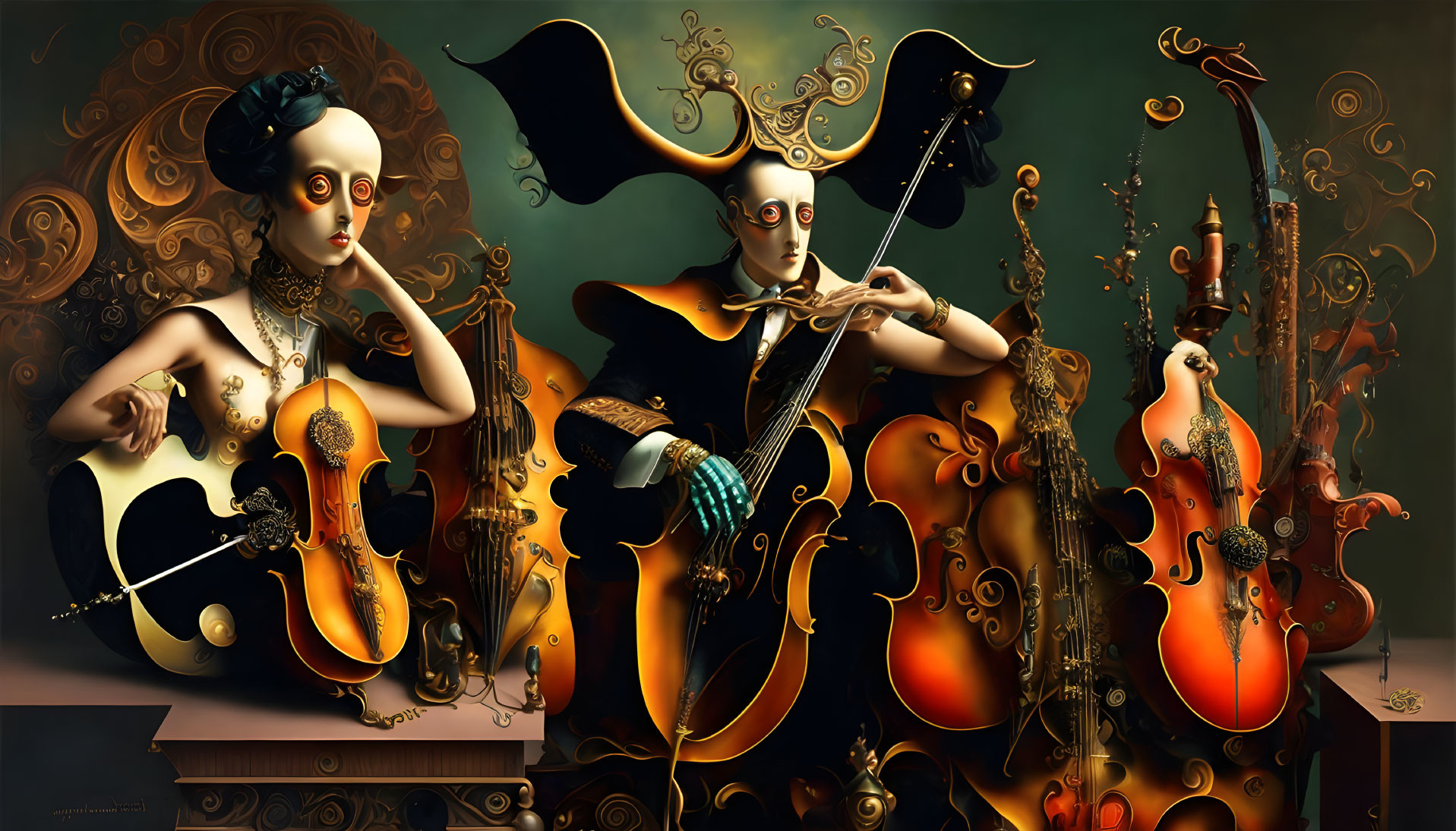 Surreal artwork: Two violin-shaped human figures in ornate headpieces playing amidst whimsical shapes