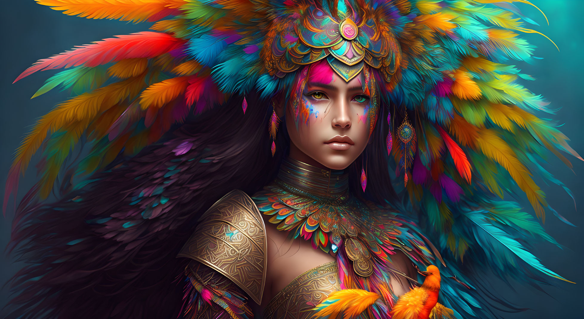 Vibrant Woman Portrait with Feather Headdress and Armor