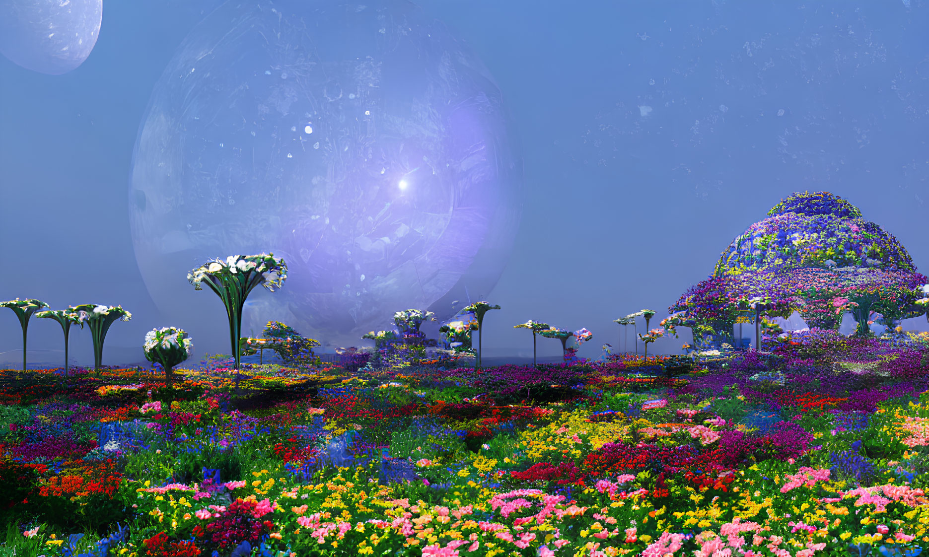 Colorful Flower Field and Whimsical Structures Under Translucent Sky