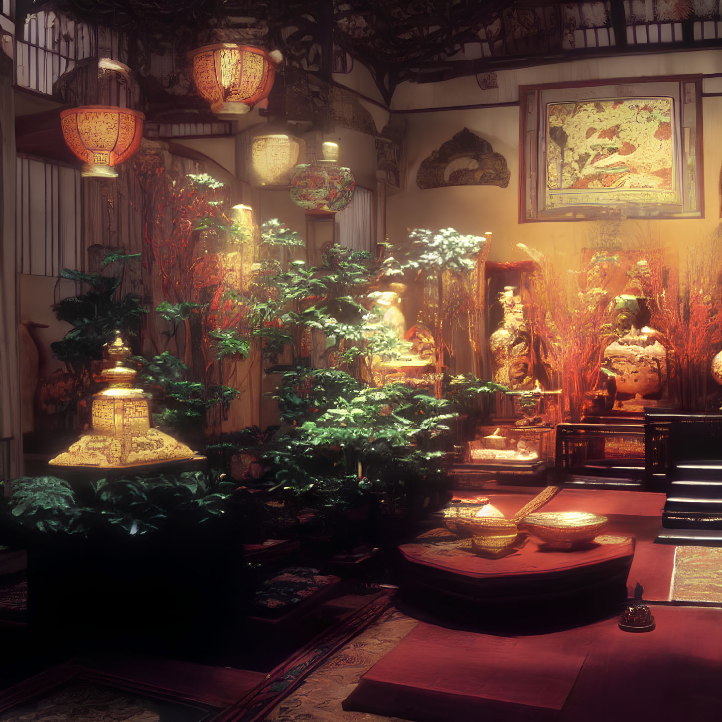 Traditional Asian Interior with Hanging Lanterns, Vases, Plants, and Floor Cushions