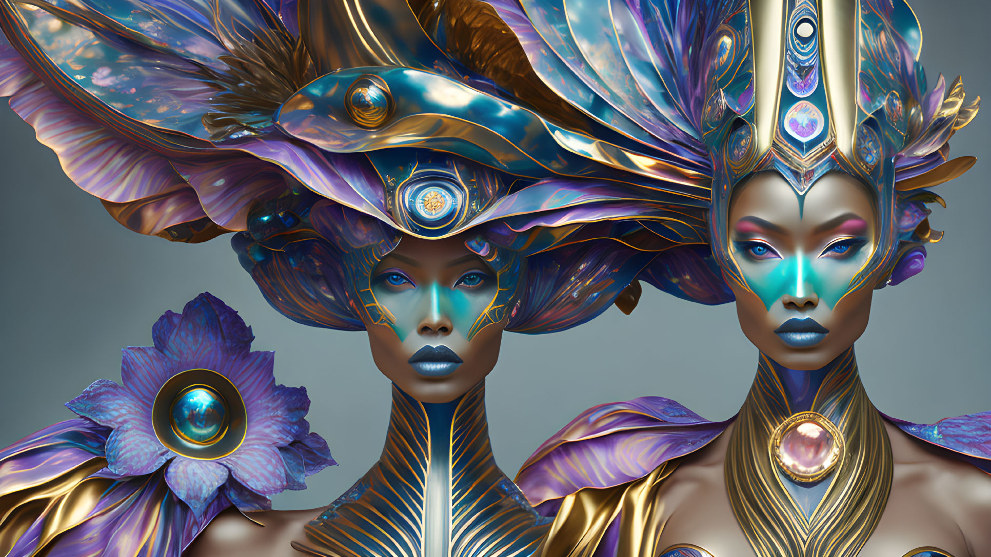 Stylized figures with metallic blue and gold headdresses, makeup, and jewelry