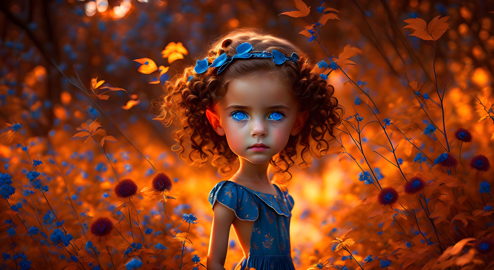 Young girl with curly hair and blue eyes in blue dress among orange flowers