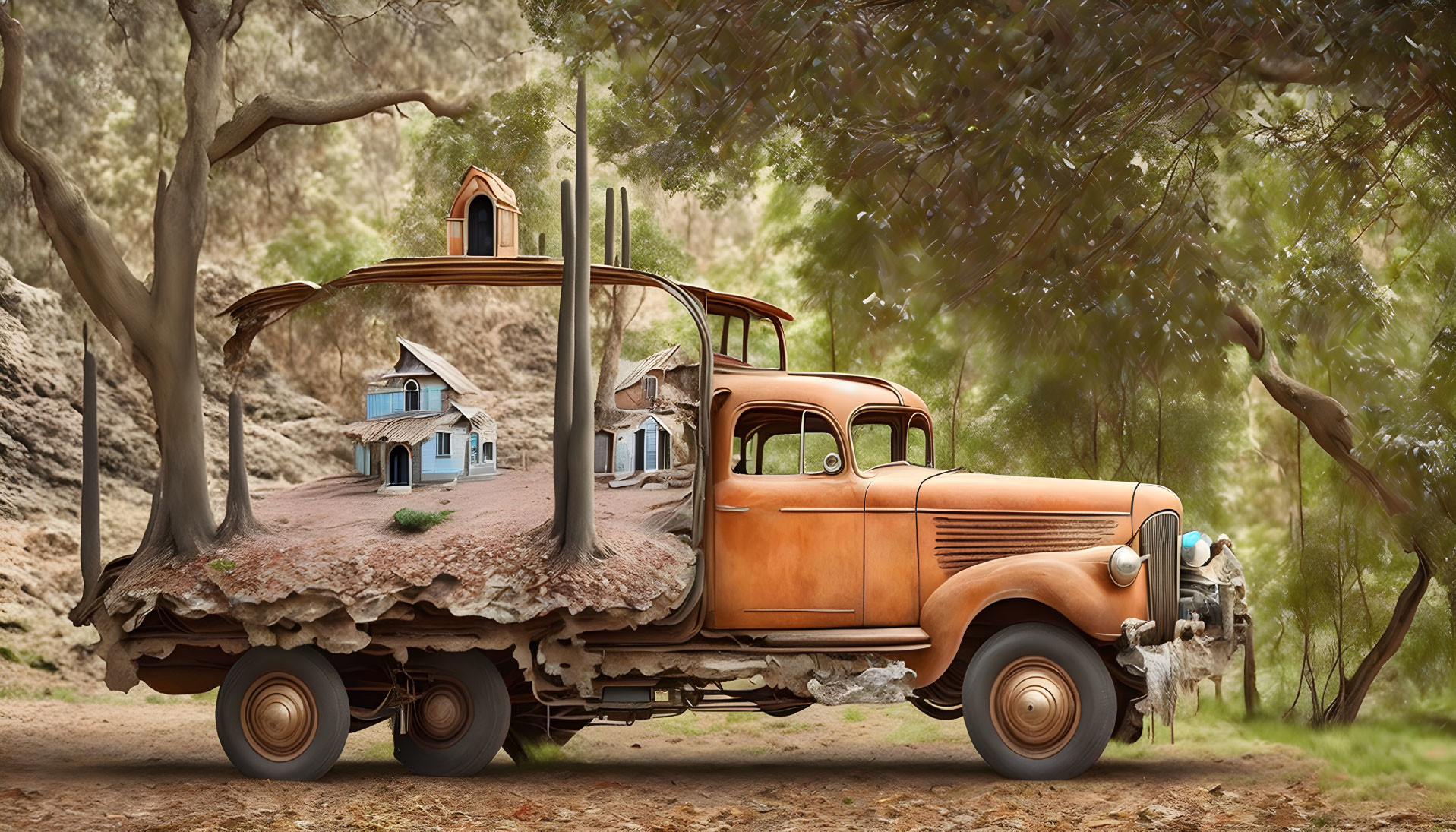 Vintage Pickup Truck Transformed into Floating Island with Miniature Village cruising in Forest