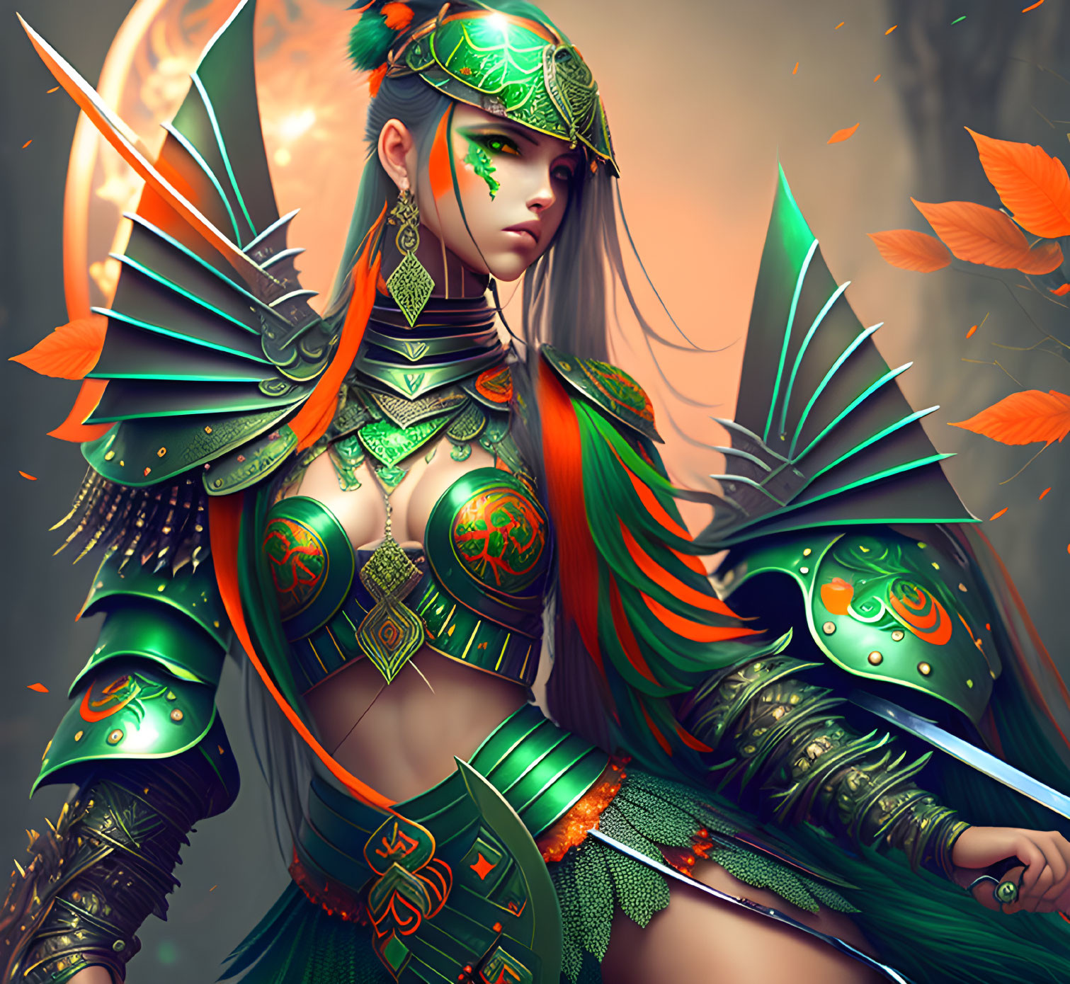 Fantasy warrior in green armor with red accents amid autumn leaves