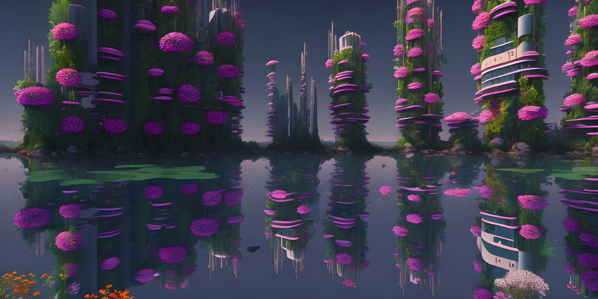 Fantastical landscape with purple trees, lake, and towering pillars