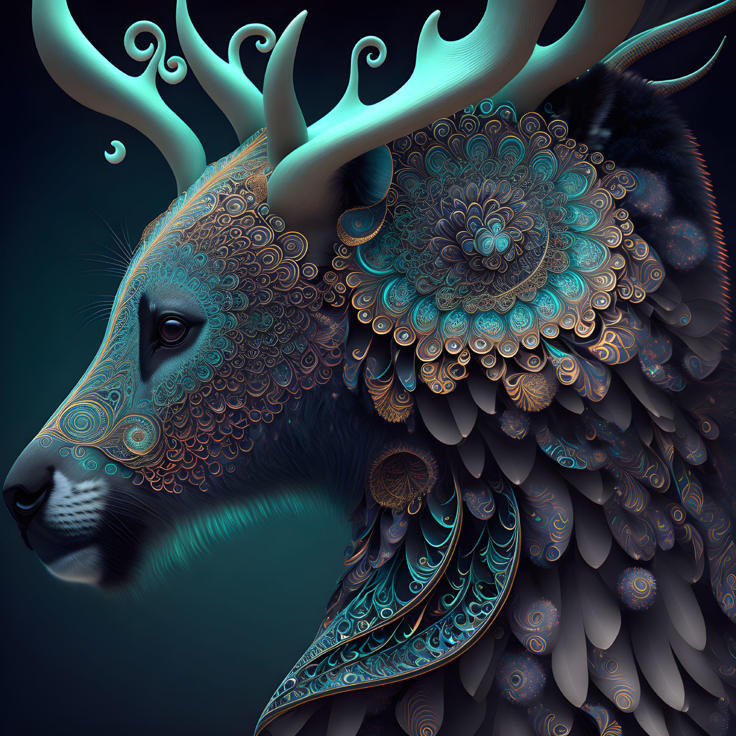 Stylized deer with turquoise and bronze patterns on dark background