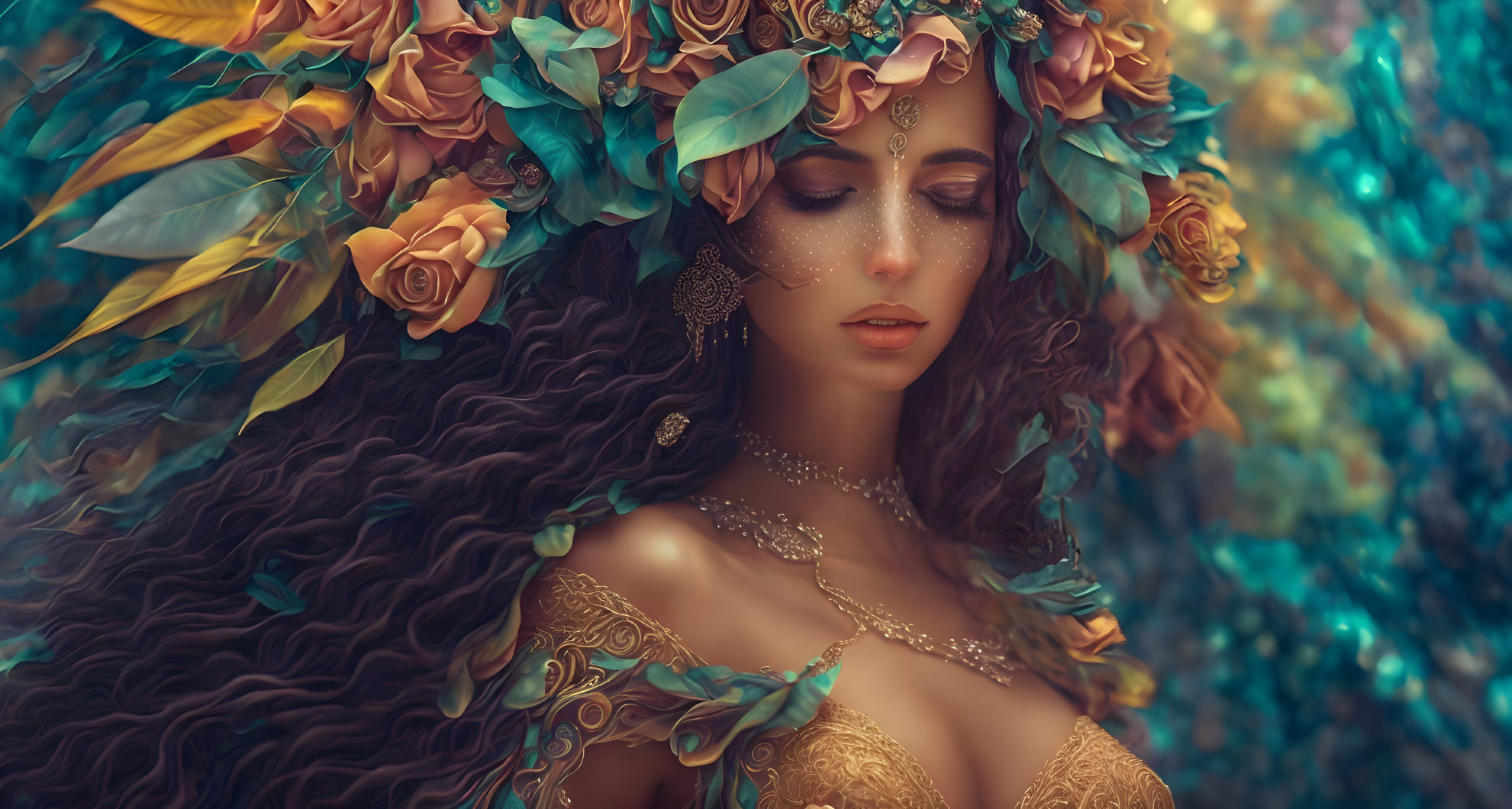 Elaborately styled woman with floral hair and ornate jewelry in pensive pose