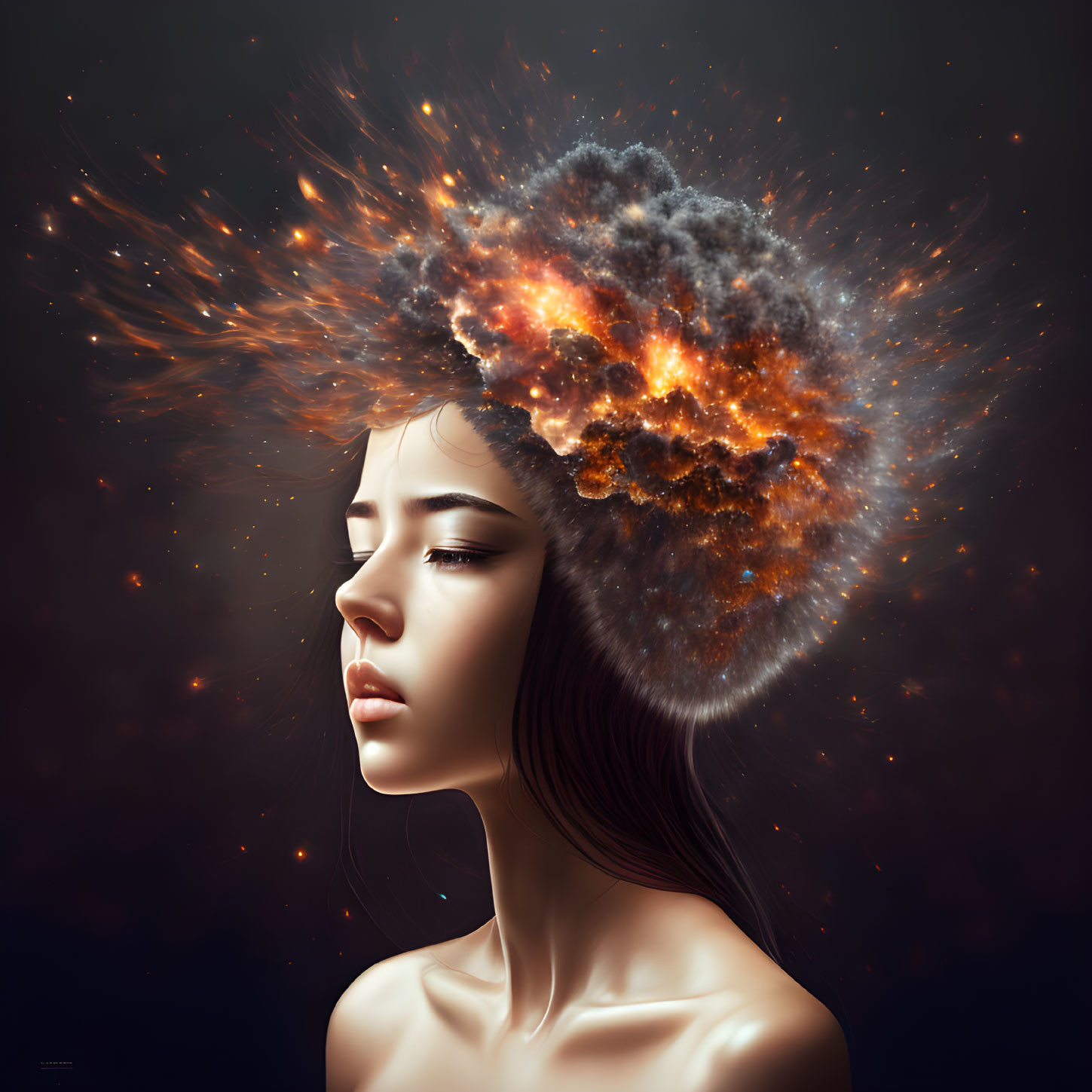 Woman's portrait with cosmic galaxy explosion on dark background