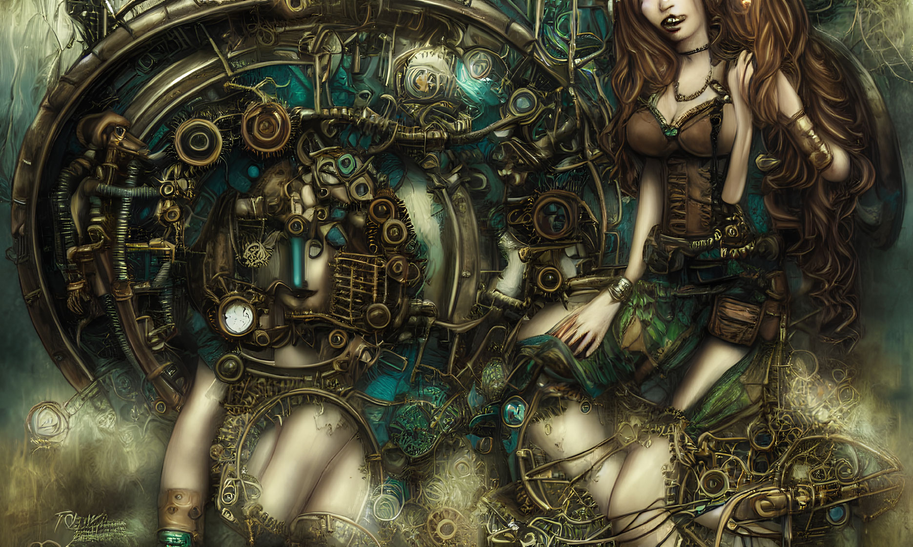 Steampunk Artwork: Woman with Mechanical Elements in Clockwork Background