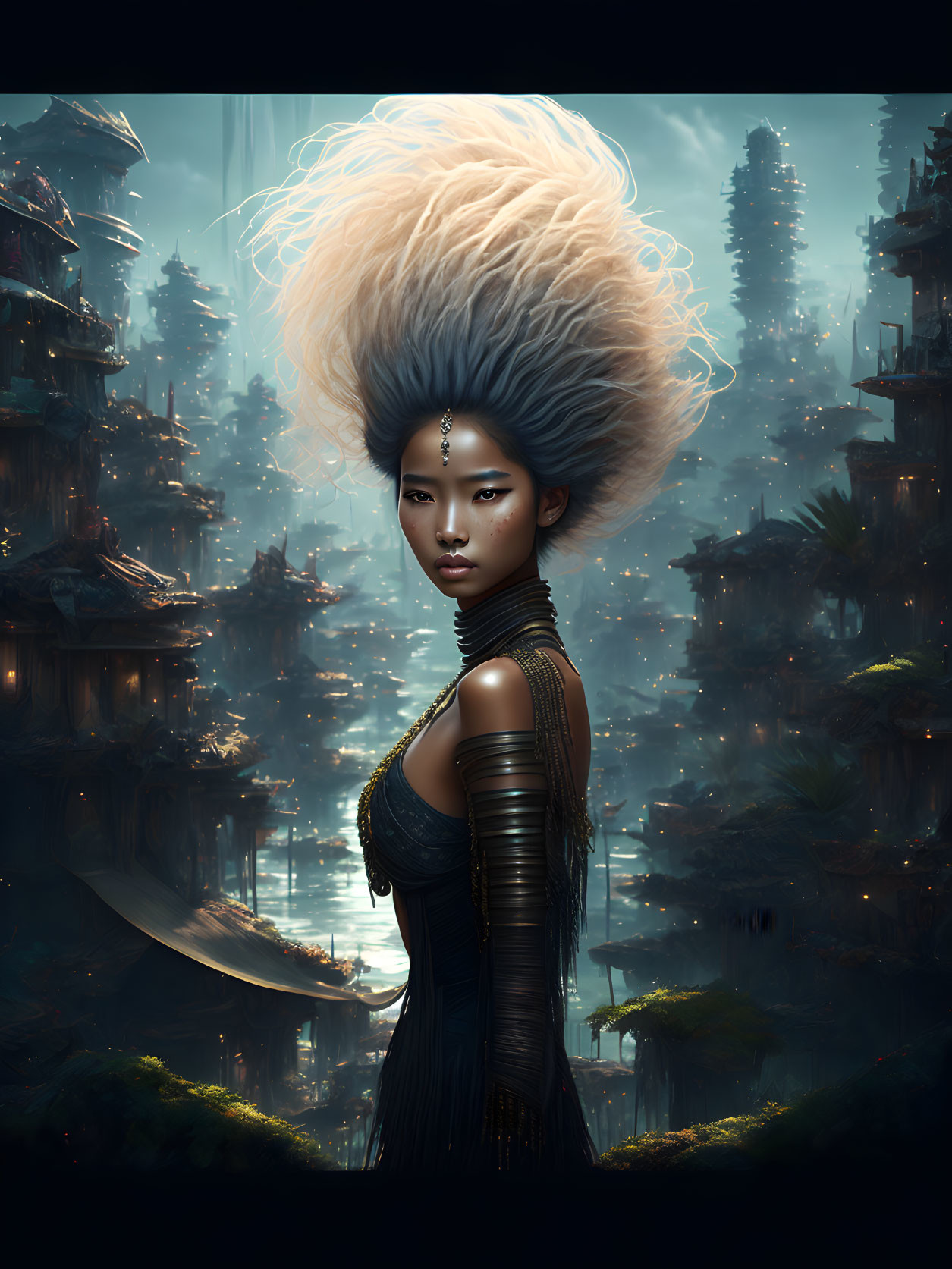 Elaborate hairstyle woman in mystical oriental cityscape at twilight