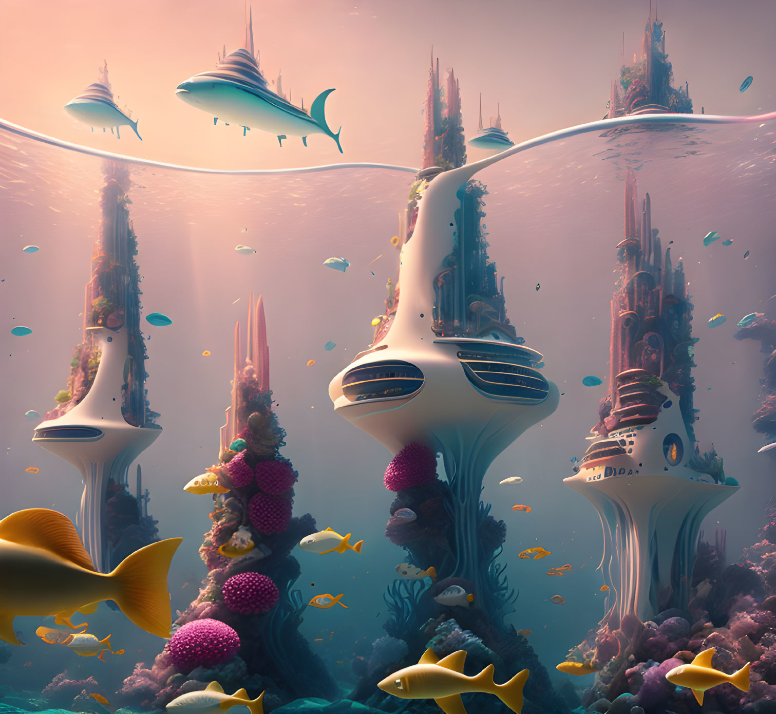 Futuristic underwater scene with vibrant coral and stylized fish