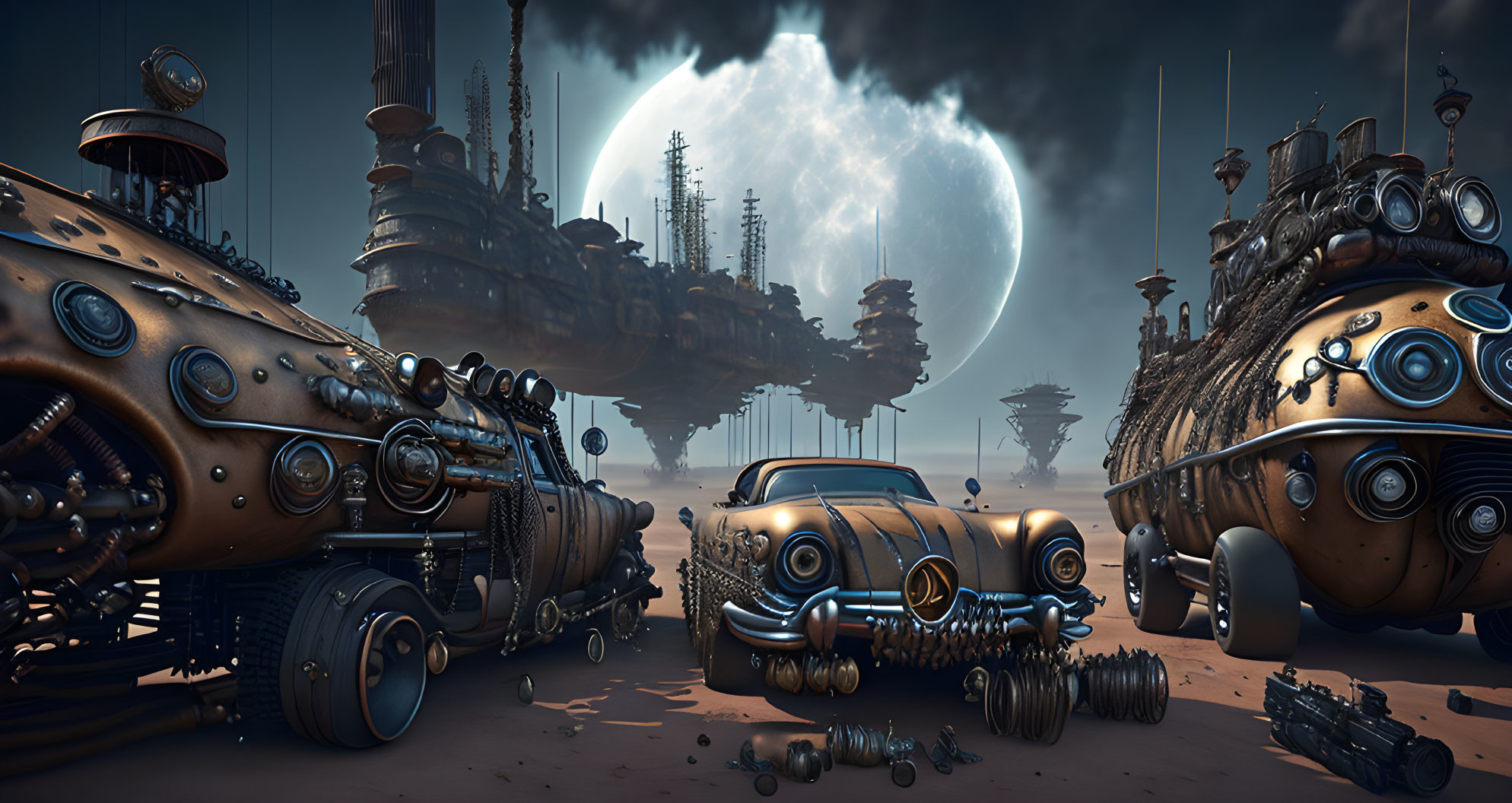 Futuristic industrial landscape with spherical vehicles and large moon