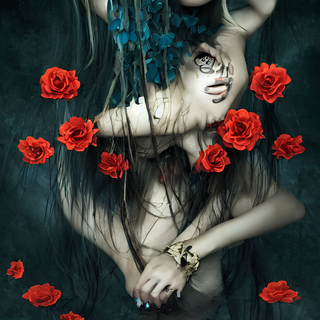 Surreal portrait of person with long hair obscured by blue leaves and red roses