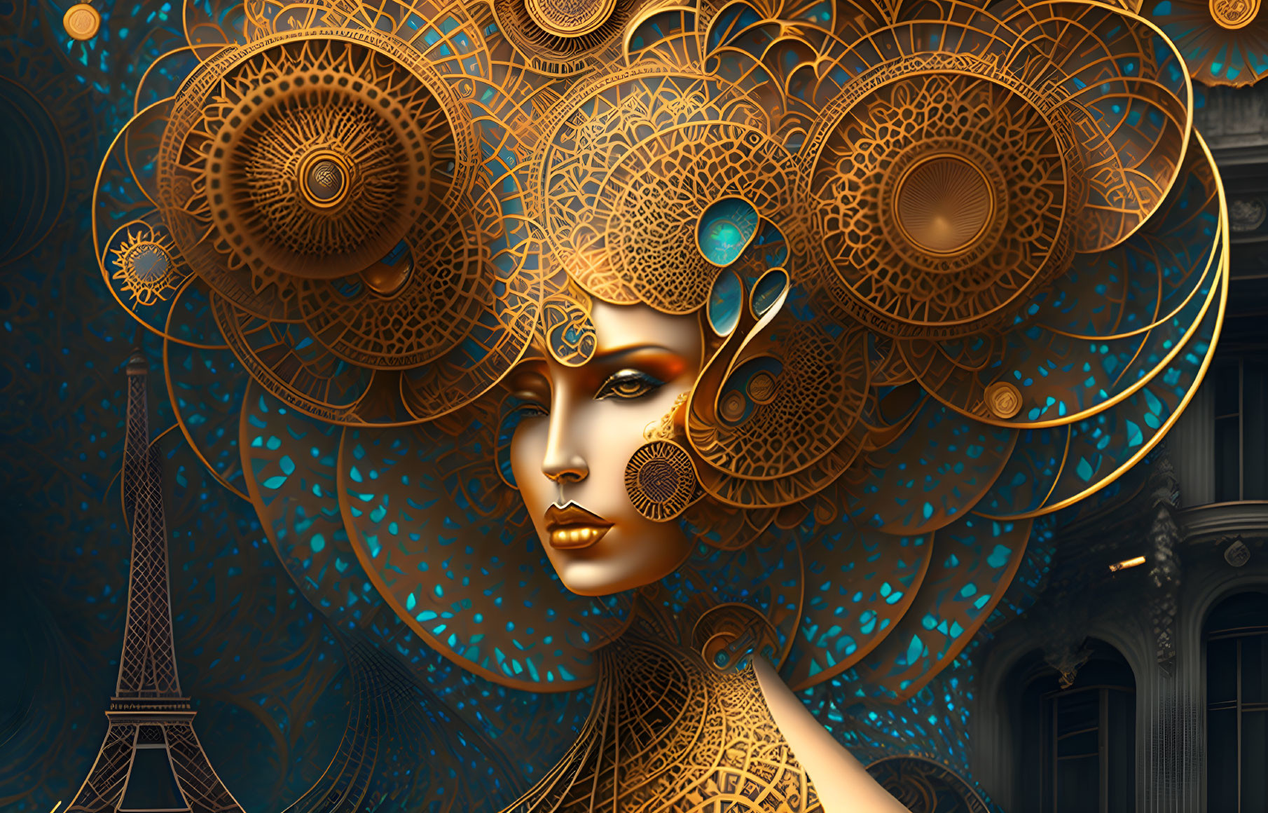 Illustrated woman's face with golden steampunk gears and Eiffel Tower backdrop