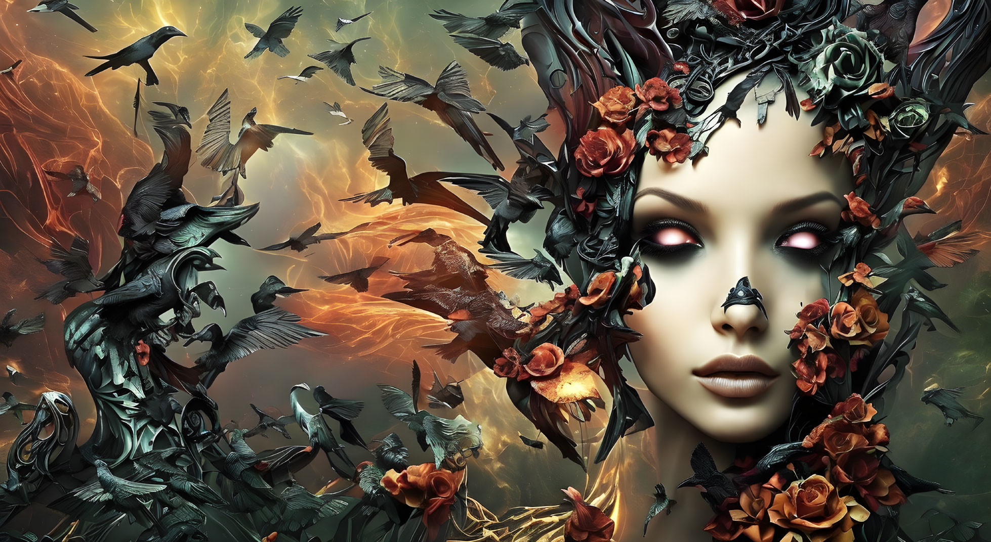 Woman with Floral Crown Surrounded by Birds in Sunset Fantasy Art