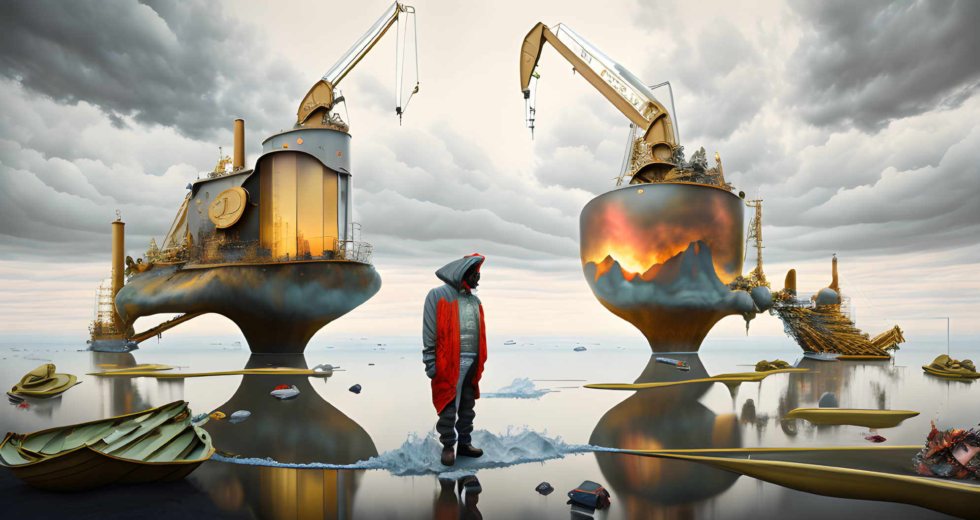 Person in Red Jacket Observing Giant Teapots on Ice Landscape