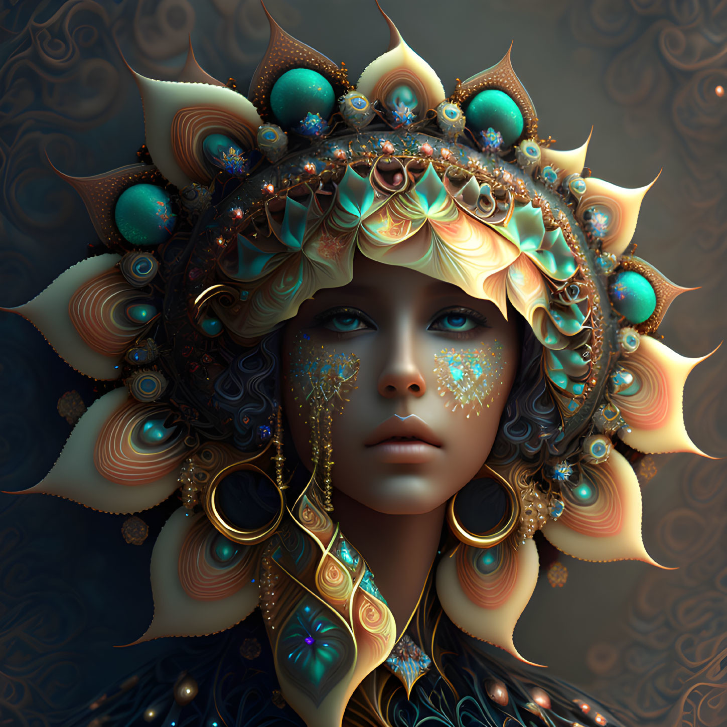 Digital art portrait of a person with blue eyes wearing an ornate sun-shaped headdress with jewels,