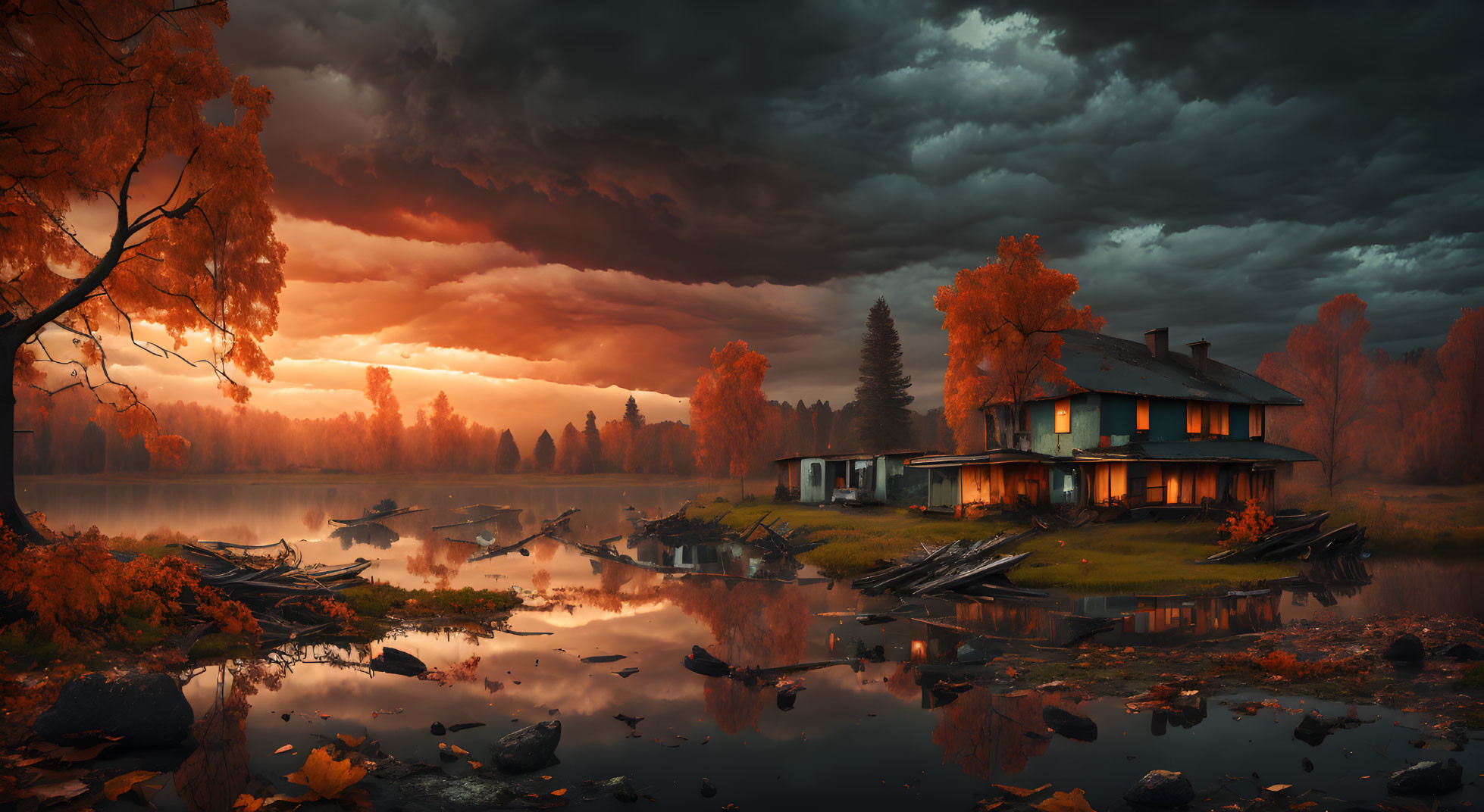 Rustic house by calm lake in autumn sunset