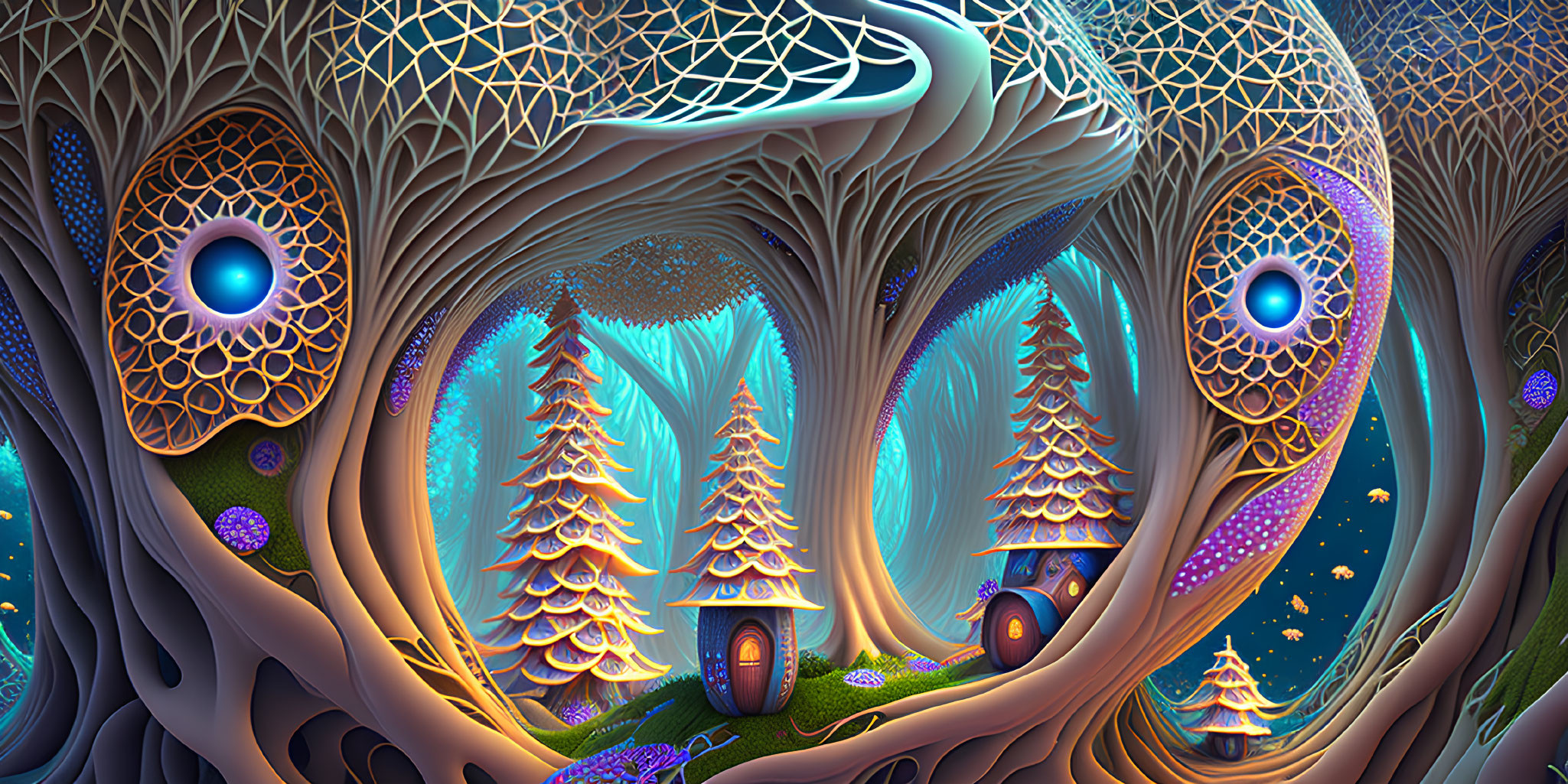 Vividly colored forest landscape with stylized trees and glowing elements