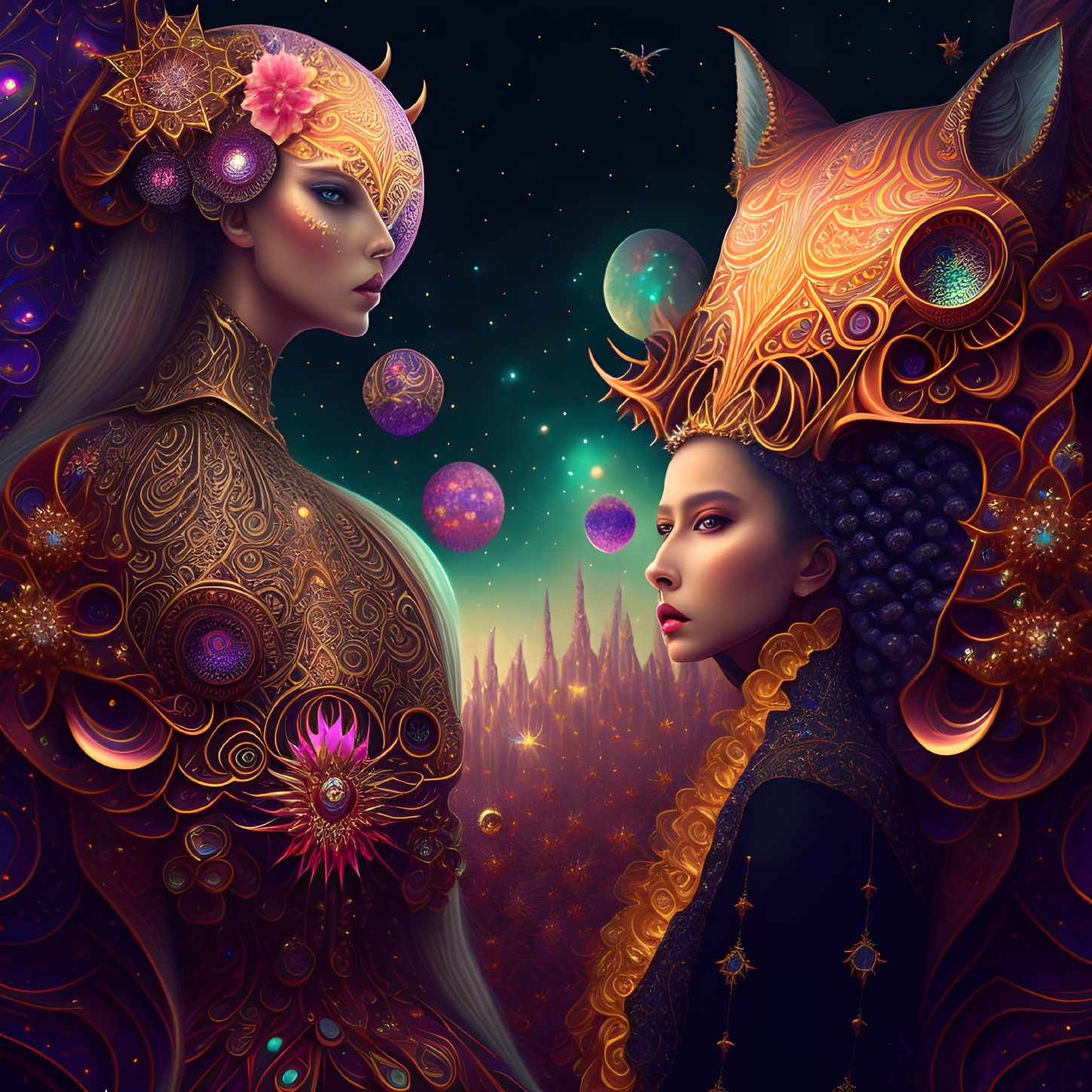 Stylized female figures with cosmic and fox-themed headdresses in mystical setting