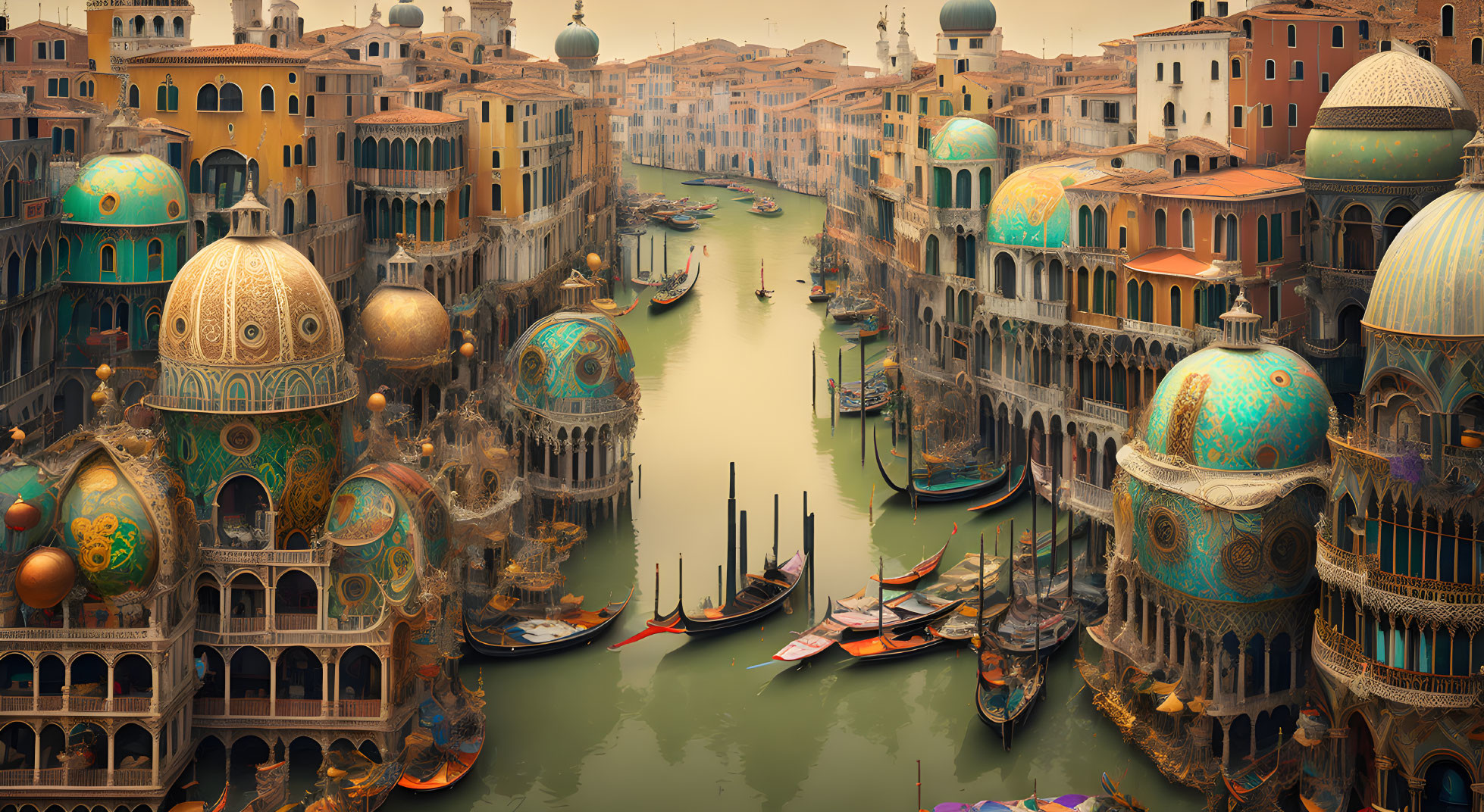 Vibrant Venice scene with colorful domes and gondolas