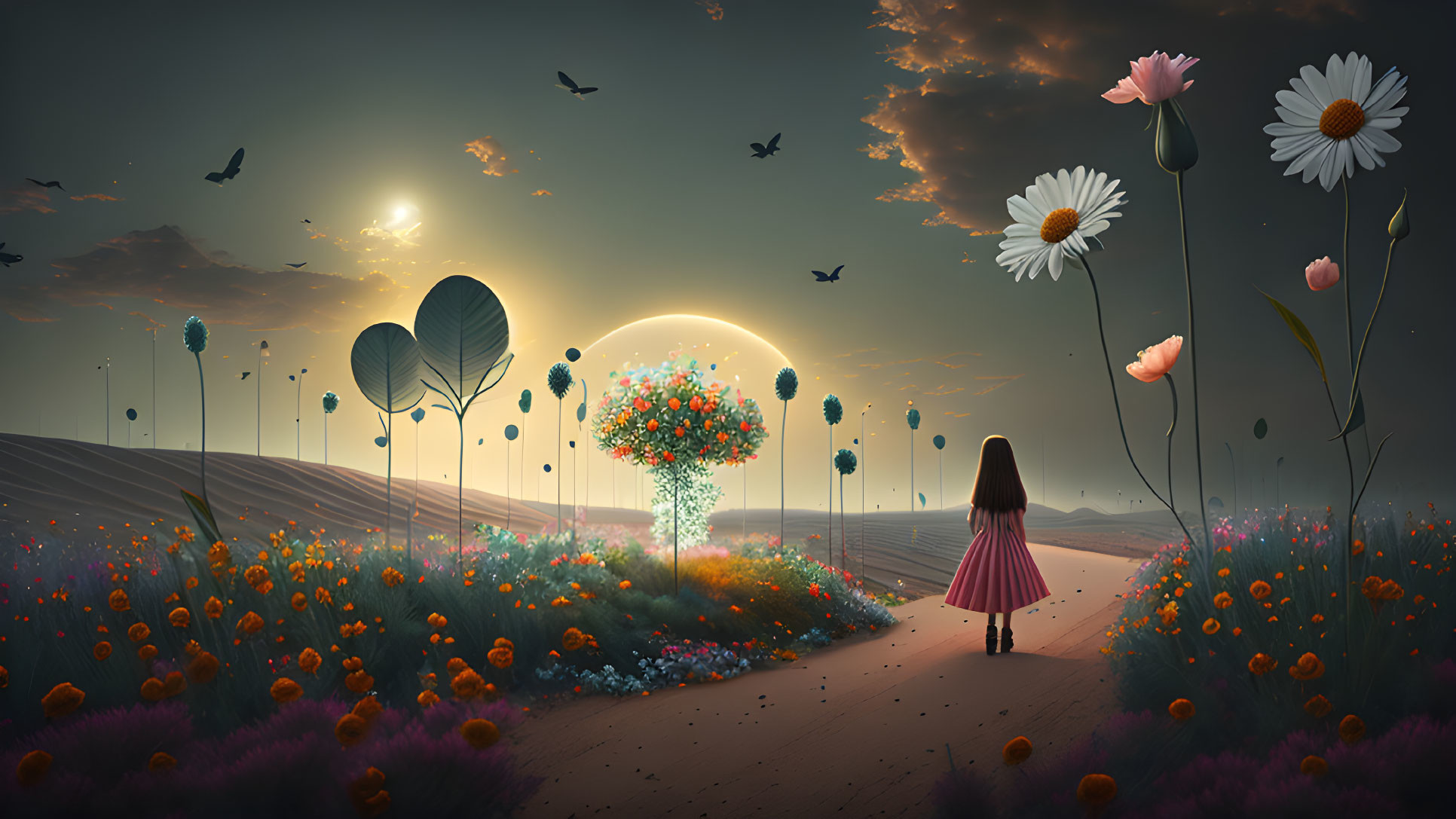 Surreal landscape with oversized flowers, birds, and setting sun.