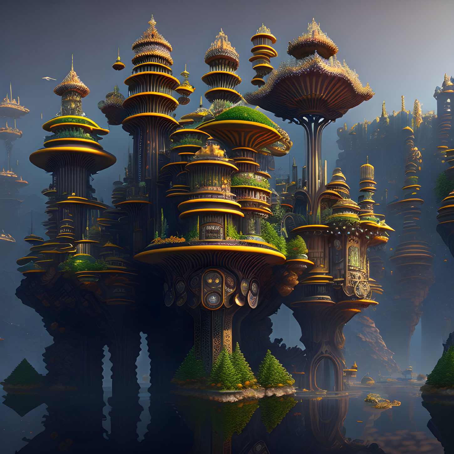 Fantastical landscape with towering mushroom-like structures and intricate designs in misty backdrop.