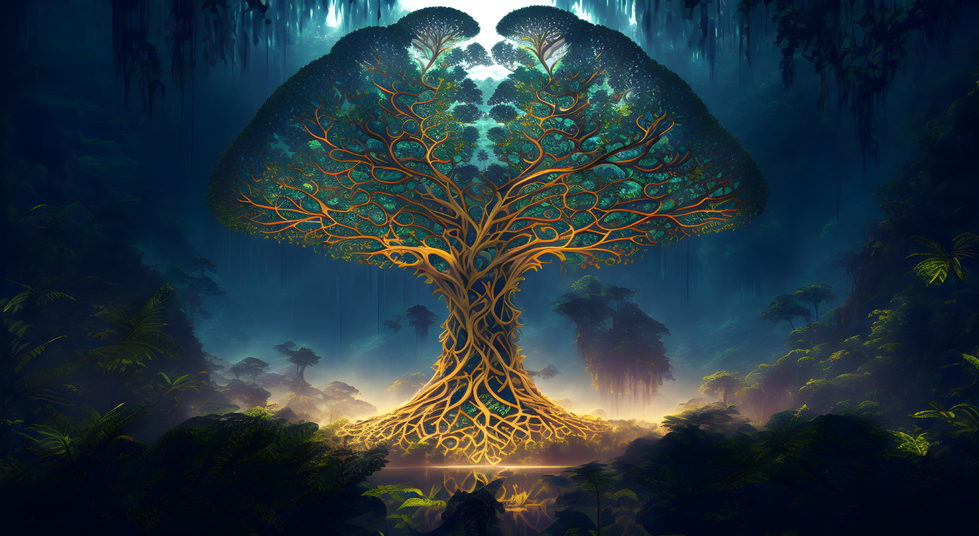 Glowing mystical tree in enchanted forest scene