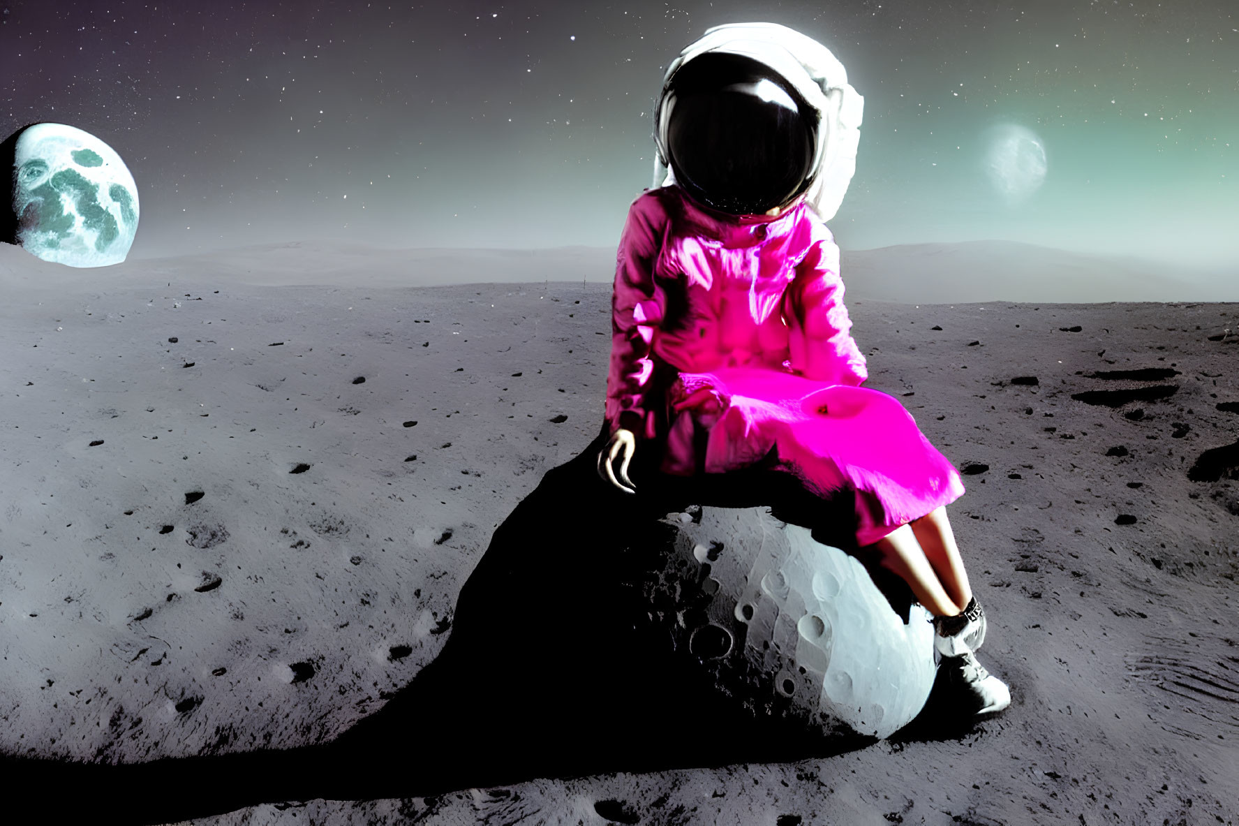 Pink spacesuit astronaut on lunar surface with Earth backdrop.