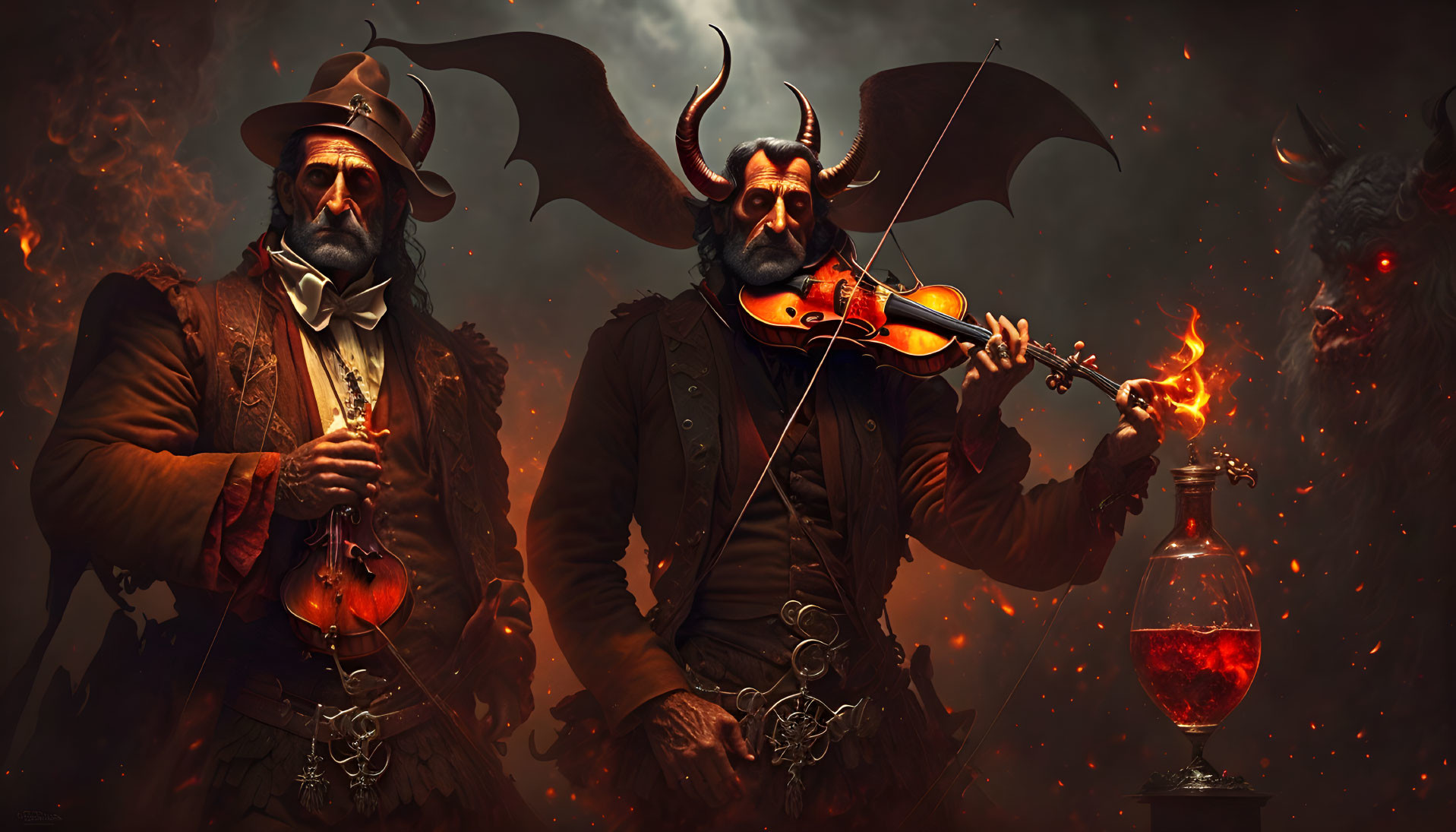 Sinister historical figures playing violin in dark setting