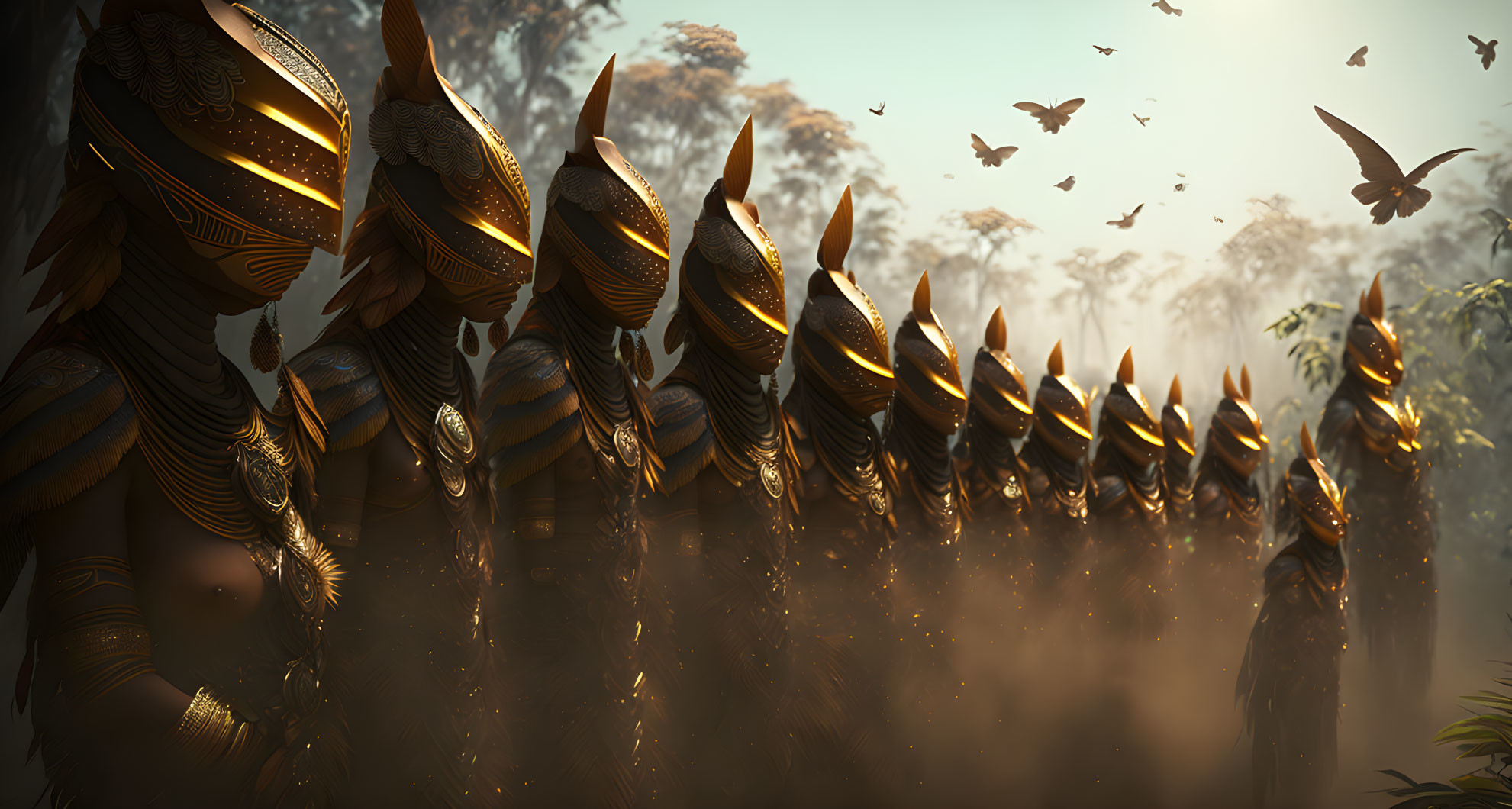 Golden armored warriors in forest with sunlight and birds.