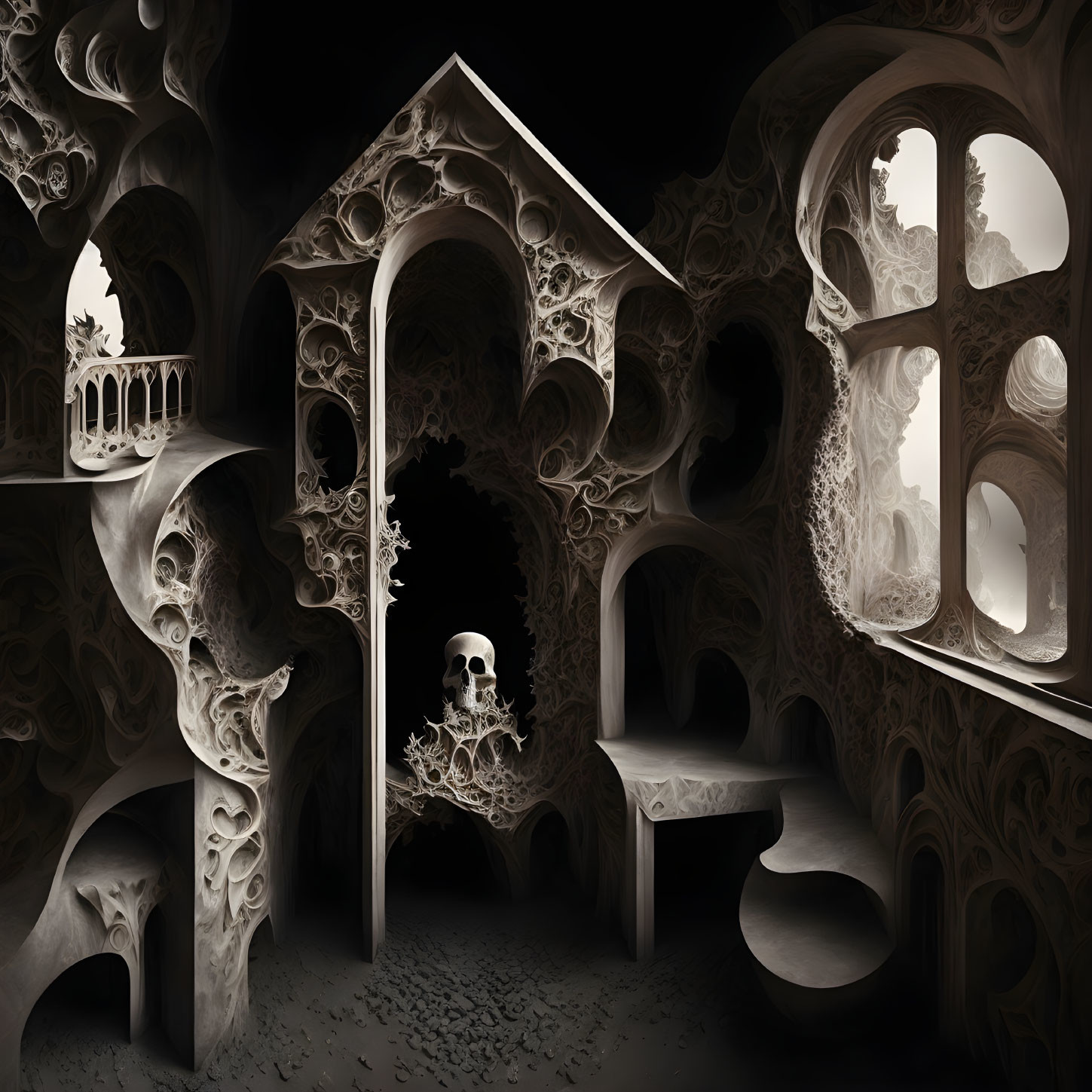 Detailed Gothic Surrealist Artwork: Arches, Skulls, and Bone Structures