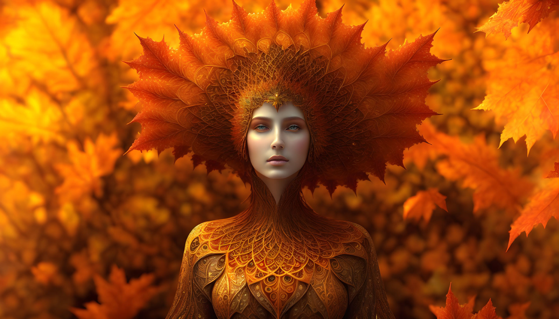 Mystical figure with golden leaf headdress in autumn setting