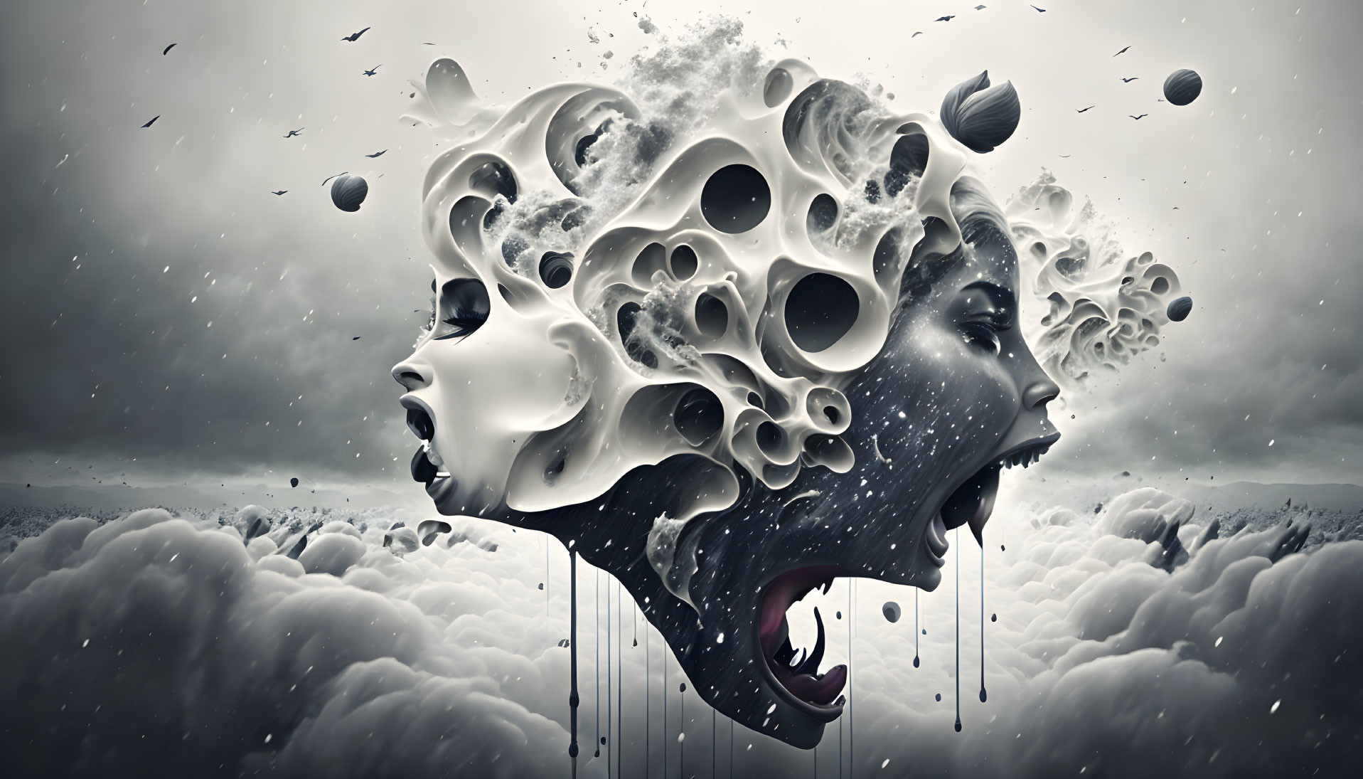 Surreal face dissolving into abstract forms with stormy clouds