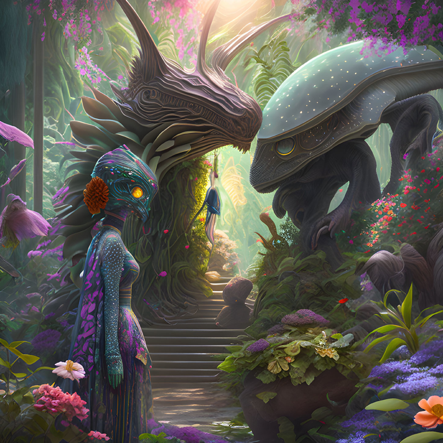 Fantasy forest scene with humanoid figure and dragon-like creature