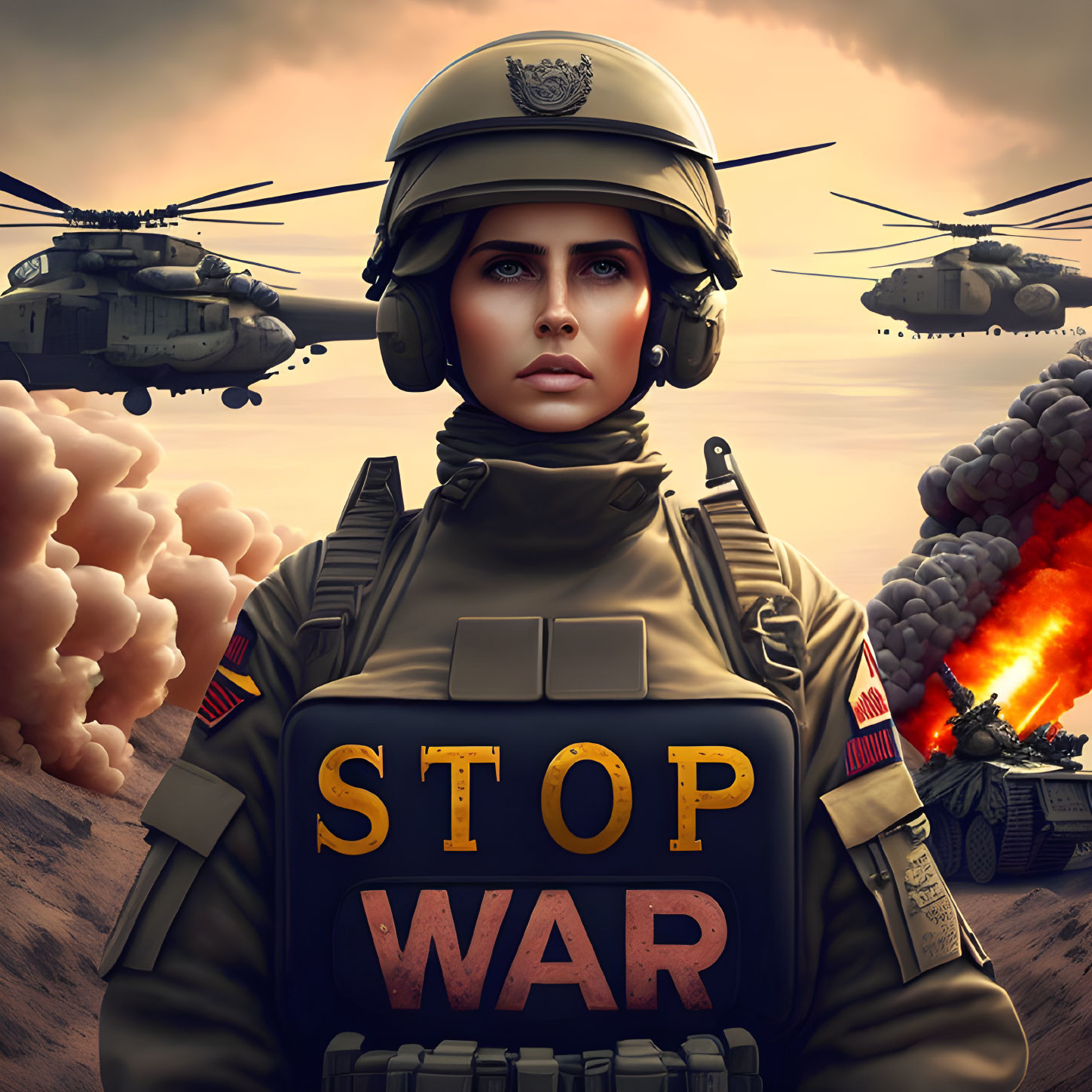 Determined soldier illustration with "STOP WAR" text, helicopters, explosions