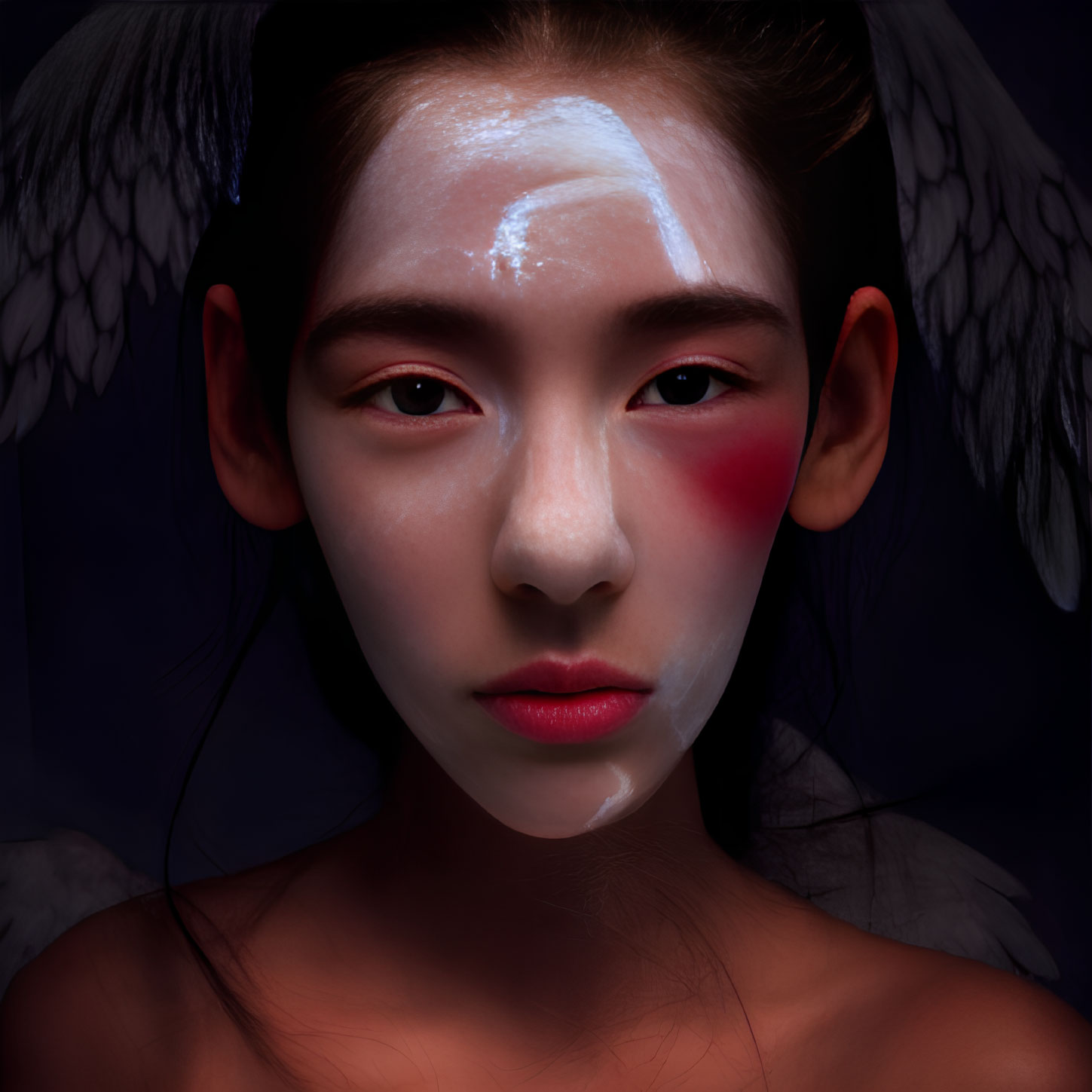 Portrait of a person with angel wings and dramatic makeup on dark background