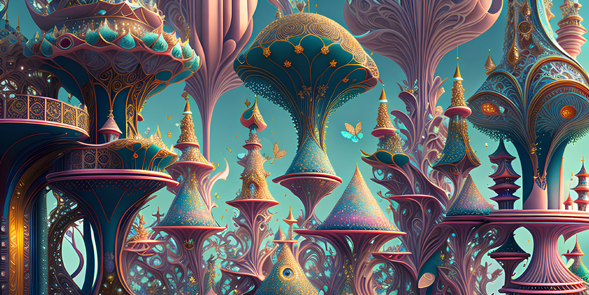 Colorful fantasy landscape with mushroom structures and butterflies